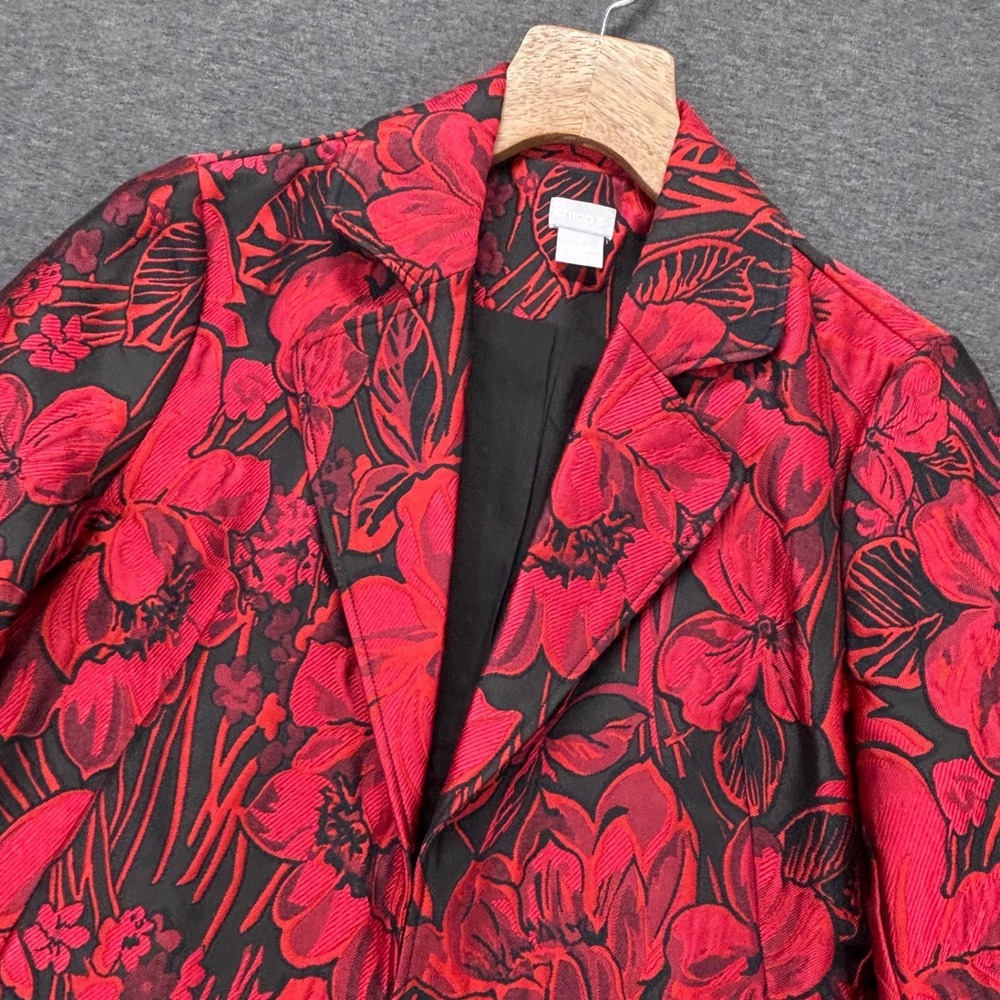 Chicos Jacket Womens 1 Red Black Floral Jacquard Long Coat Blazer Lined Pockets